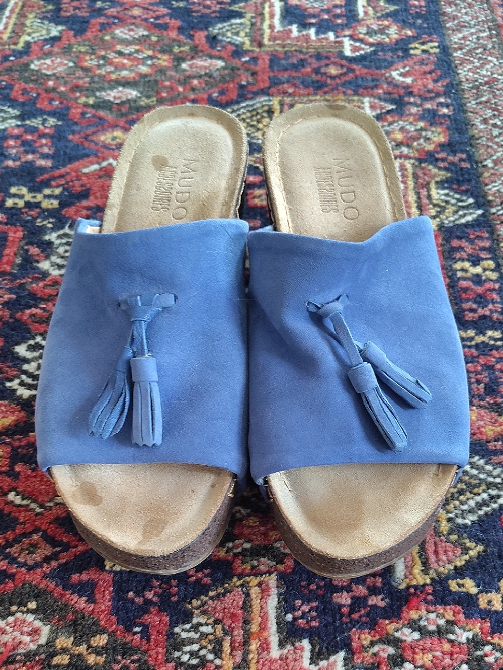 Mudo Blue Suede Slide Sandals with Tassels